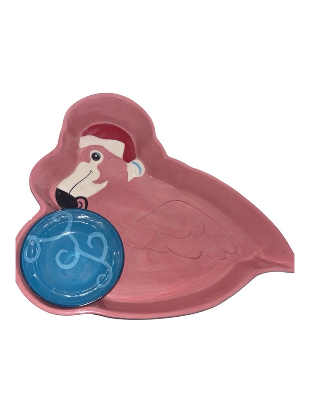 🦩🎄Hand-Painted Pink Flamingo Ceramic Serving Bowl with Blue Accent Dish